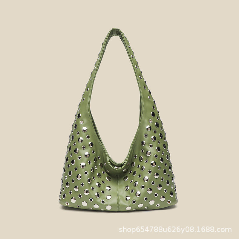 European and American fashion women's bags 2025 new casual personality trendy cool polka dot rivet underarm bucket shoulder tote bag