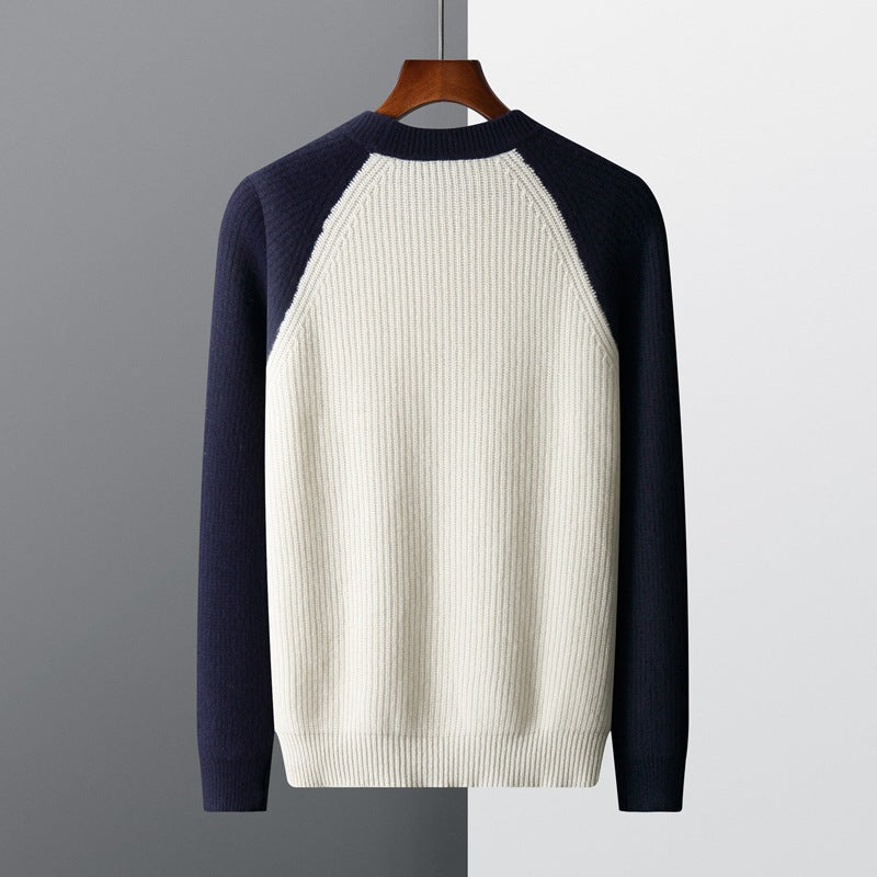 Autumn and winter new wool sweater men's color matching round neck Yuanbao needle thickened youth fashion casual knitted wool bottom