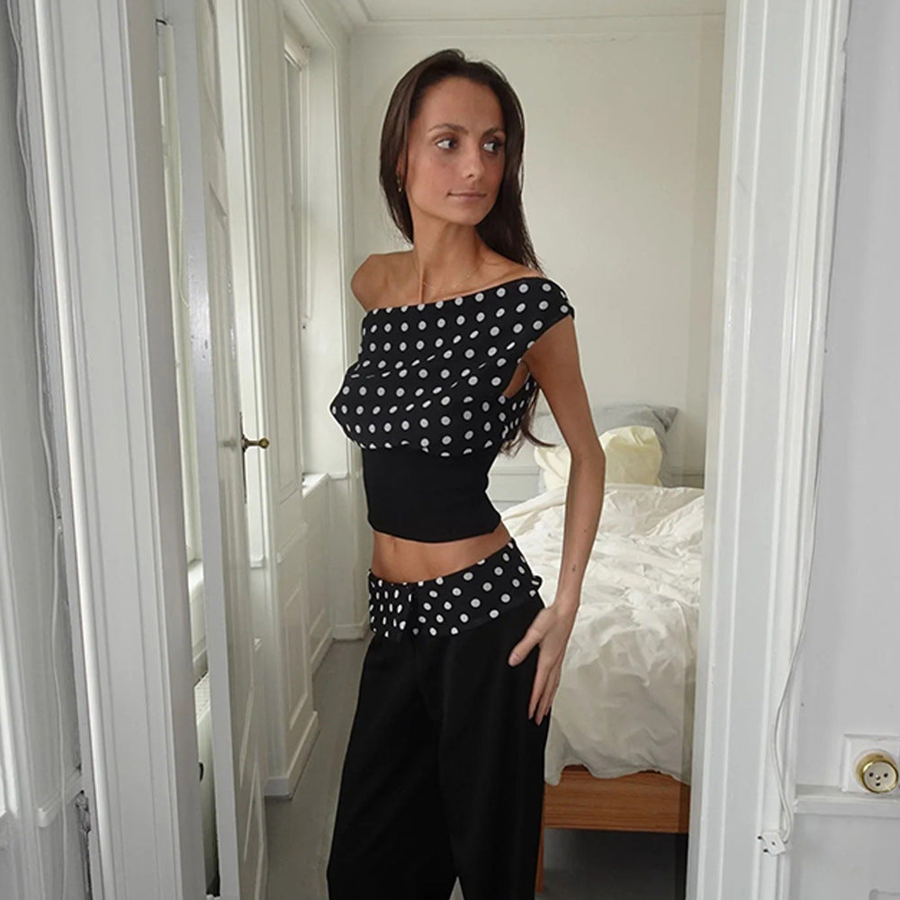 European and American foreign trade cross-border new hot girl polka dot chiffon T-shirt sexy splicing open back tie slim waist top