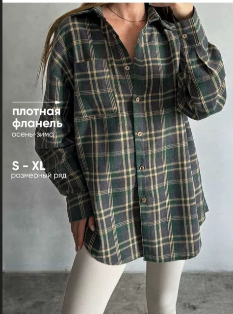2025 Spring and Autumn Cross-border Retro All-match Lapel Loose Shirt #Plaid Long Sleeve Pocket Women's Shirt
