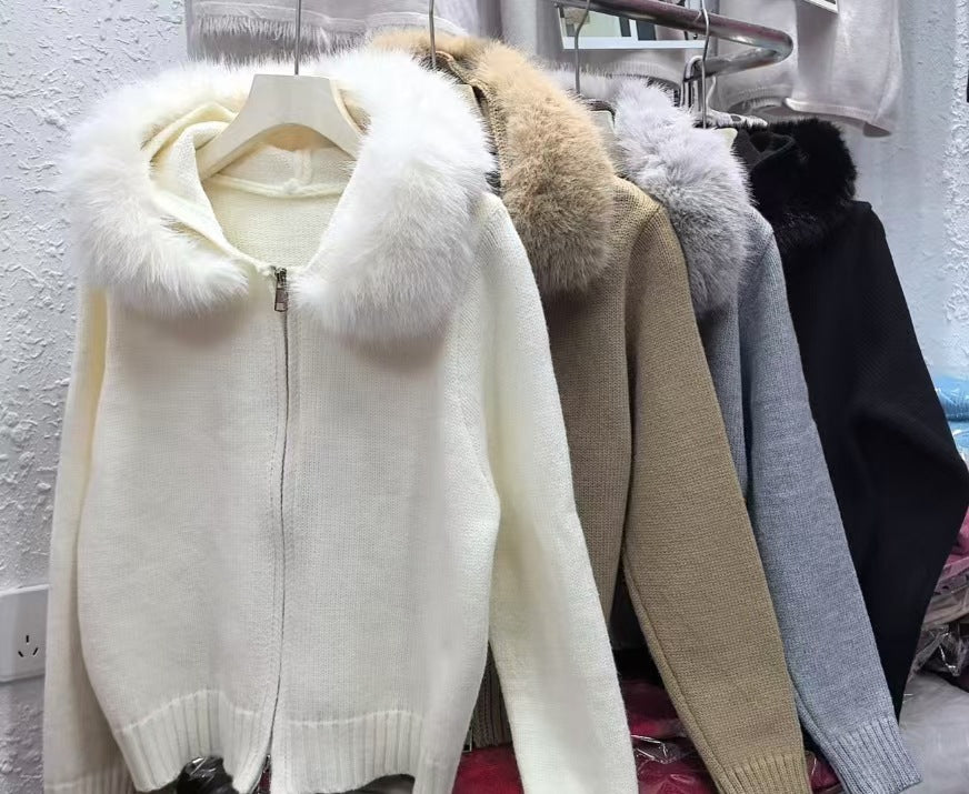 Cross-border Korean retro autumn and winter knitted cardigan women's loose casual versatile long-sleeved fur collar hooded sweater jacket women