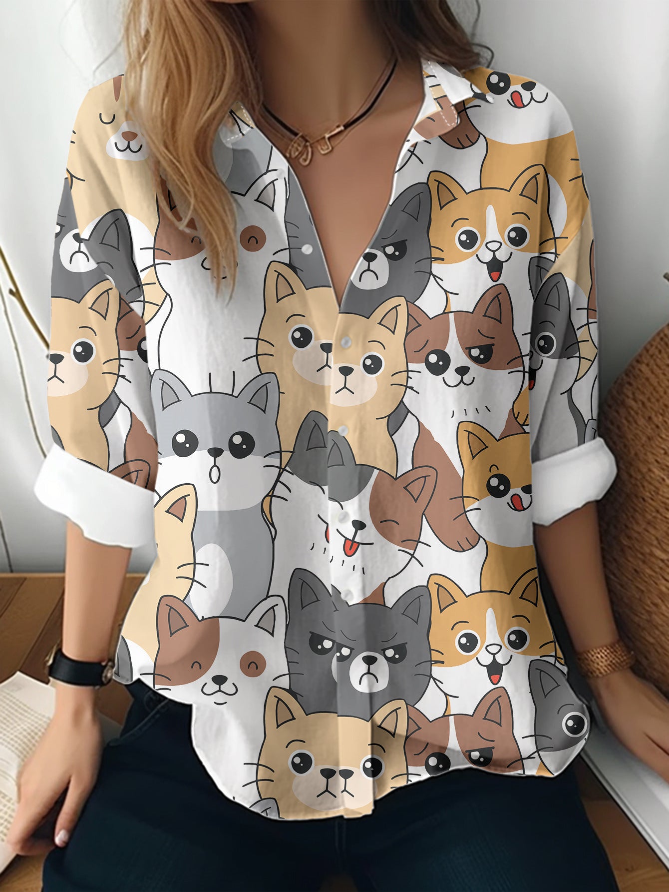 Cat cross-border European and American women's 3D printed floral pattern long-sleeved shirt women's fashion tops