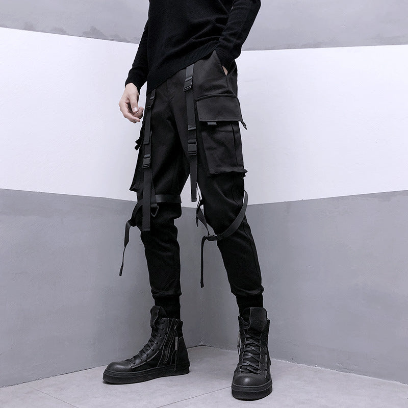 Trendy functional style tactical multi-pocket ribbon paratrooper overalls street fashion brand harem pants