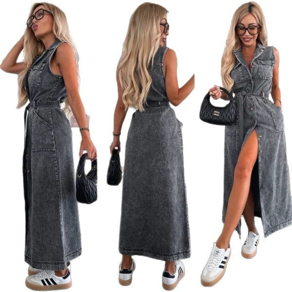 European and American style cross-border new sleeveless long tie waist single-breasted denim dress