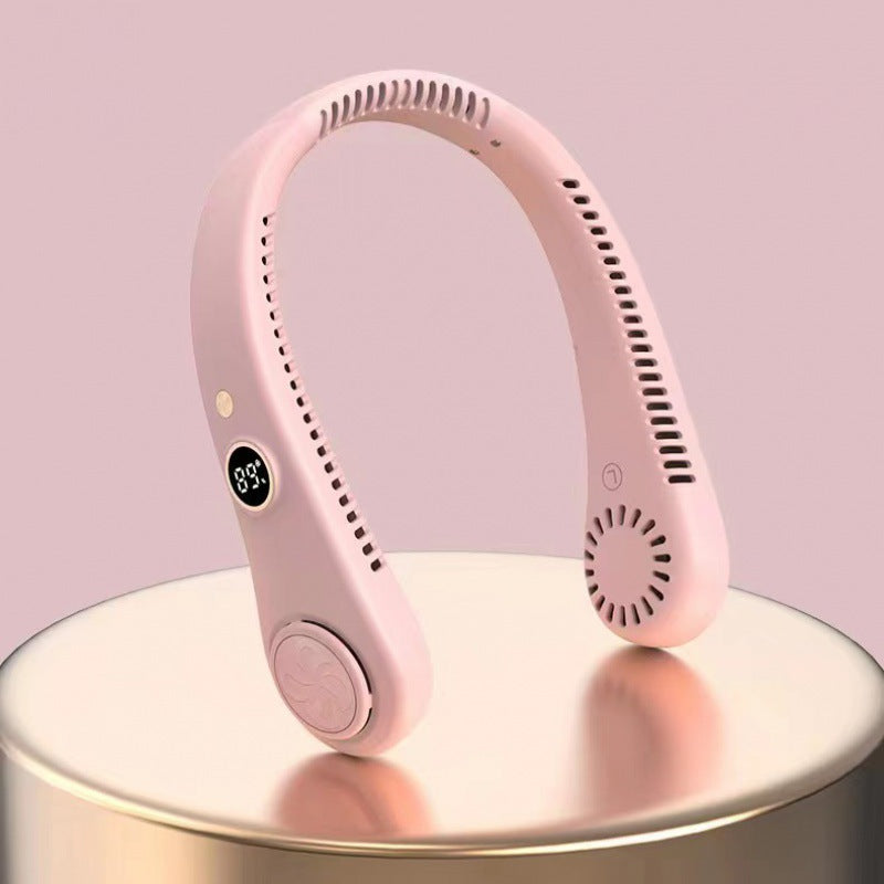 Cross-border new leafless neck hanging fan USB charging portable lazy number display sports folding mini electric fan