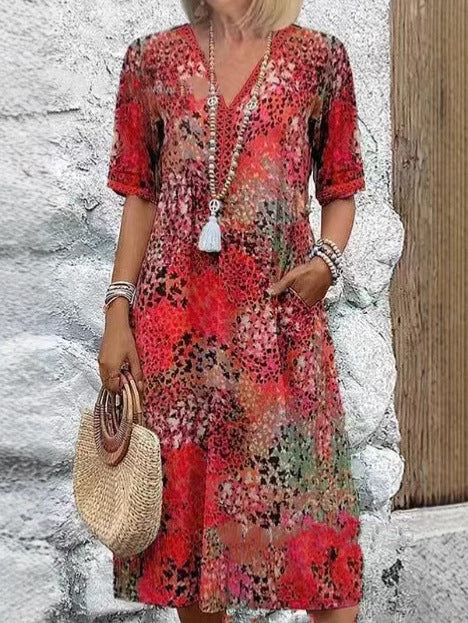 2025 European and American new printed summer V-neck casual vacation pocket dress home clothes foreign trade women