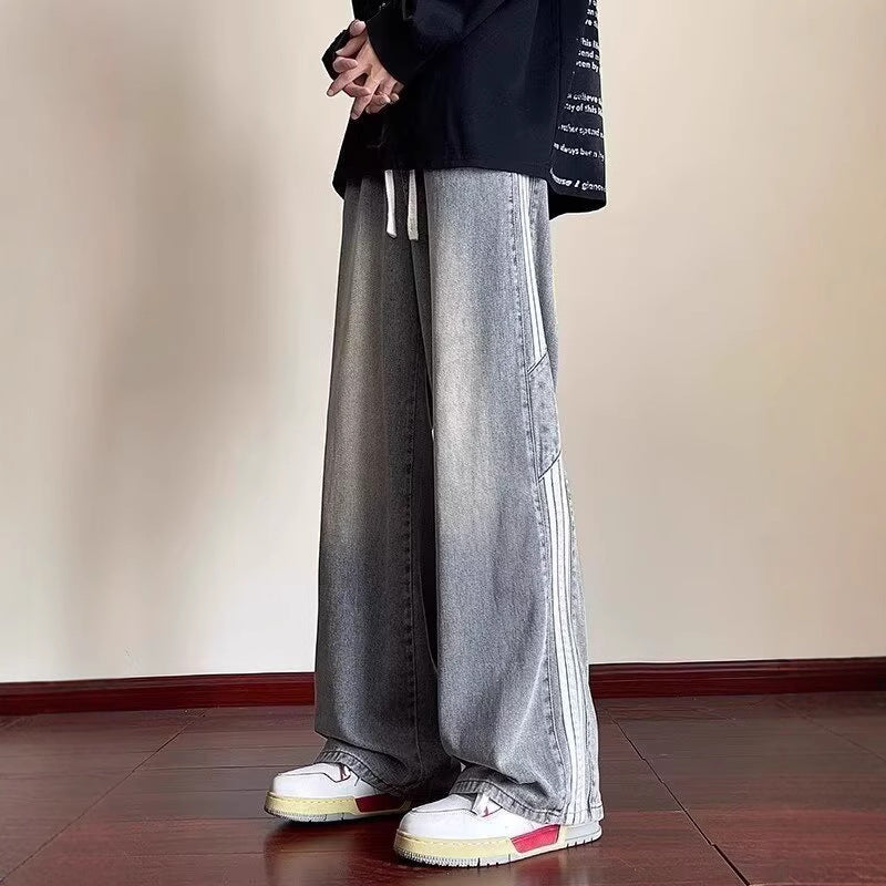Men's spring and autumn new jeans men's Hong Kong trend brand loose casual wide-leg pants trendy men's pants men's clothing