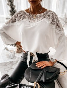 Independent Station Wish Spring and Autumn New Long Sleeve Lace Shirt Solid Color Commuter Top Round Neck Shirt