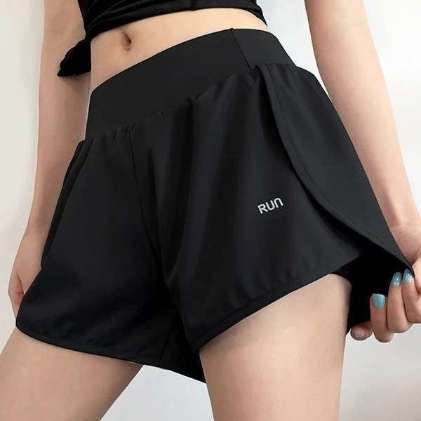 Sports shorts fake two-piece anti-exposure fitness high waist thin yoga pants three-quarter breathable running summer hip lift