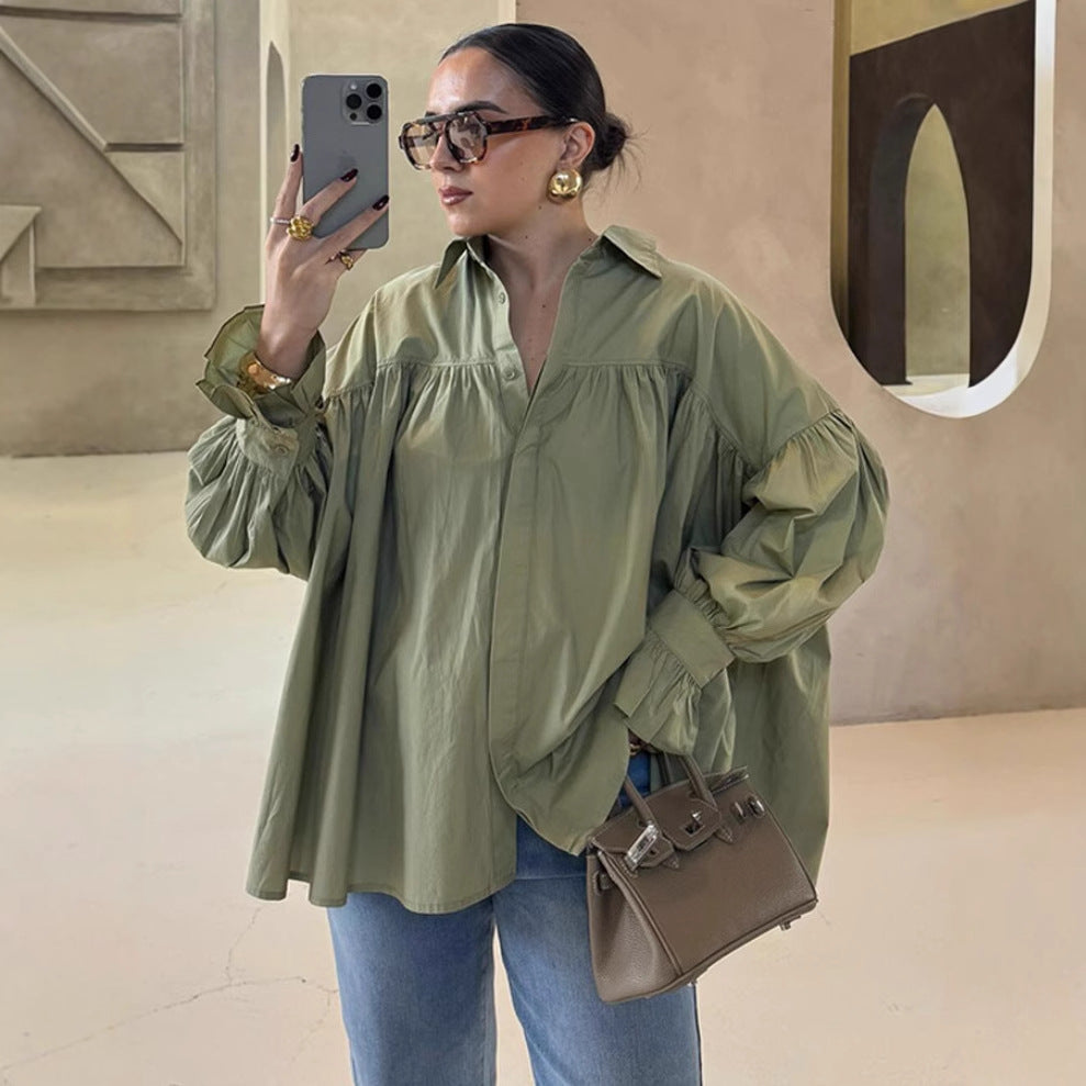 European and American style cross-border foreign trade women's clothing 2025 fashion poplin two-color drop shoulder lantern long sleeve loose single-breasted shirt