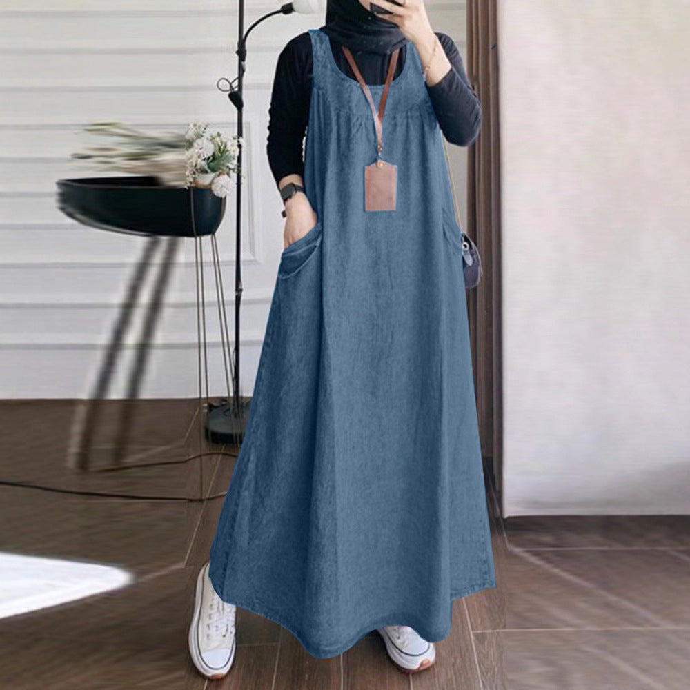 Cross-border foreign trade 2025 Southeast Asia Middle East Spring and Autumn new retro long skirt pocket loose casual denim overalls skirt