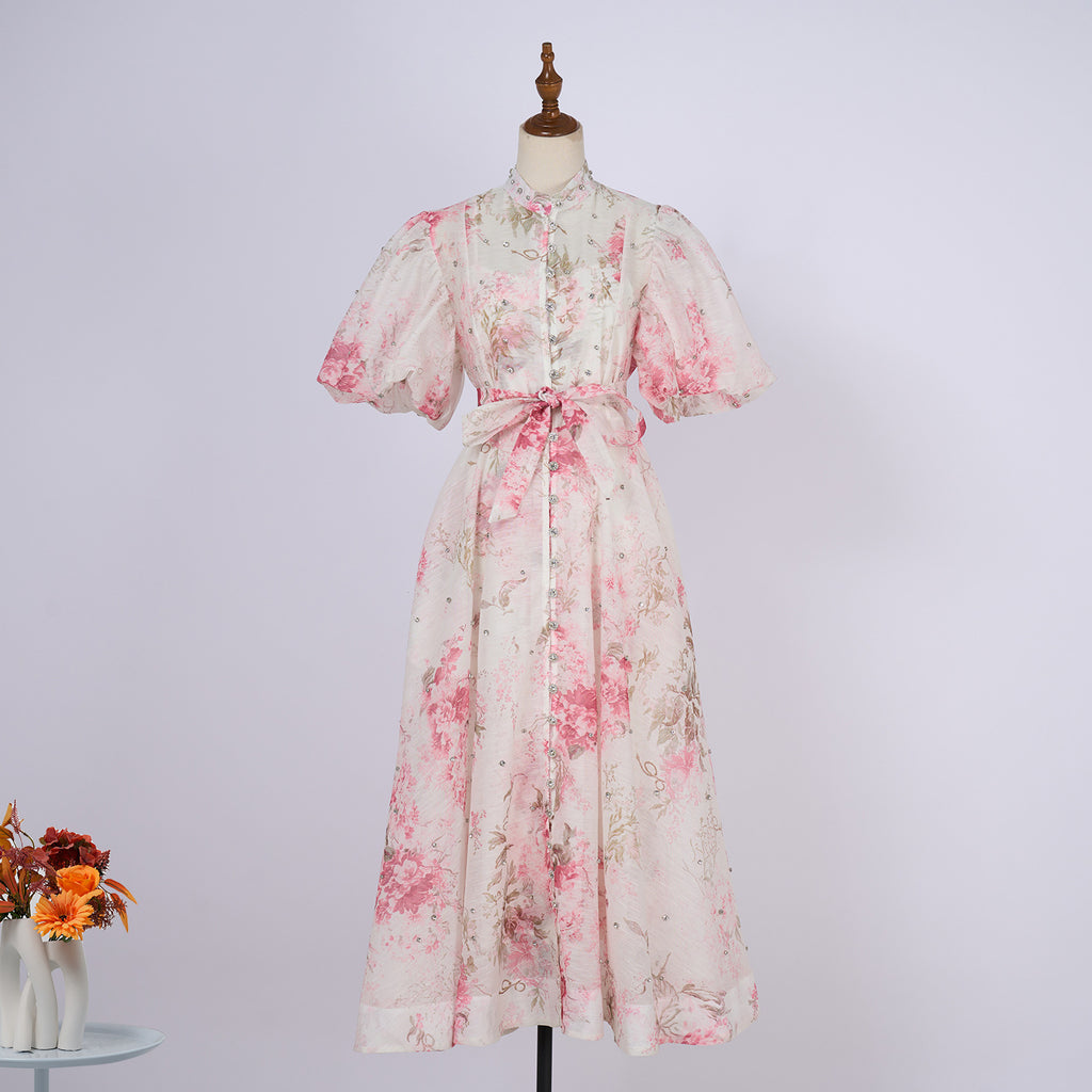 European and American cross-border summer palace style high-end design heavy-duty rhinestone short-sleeved single-breasted dress with suspenders