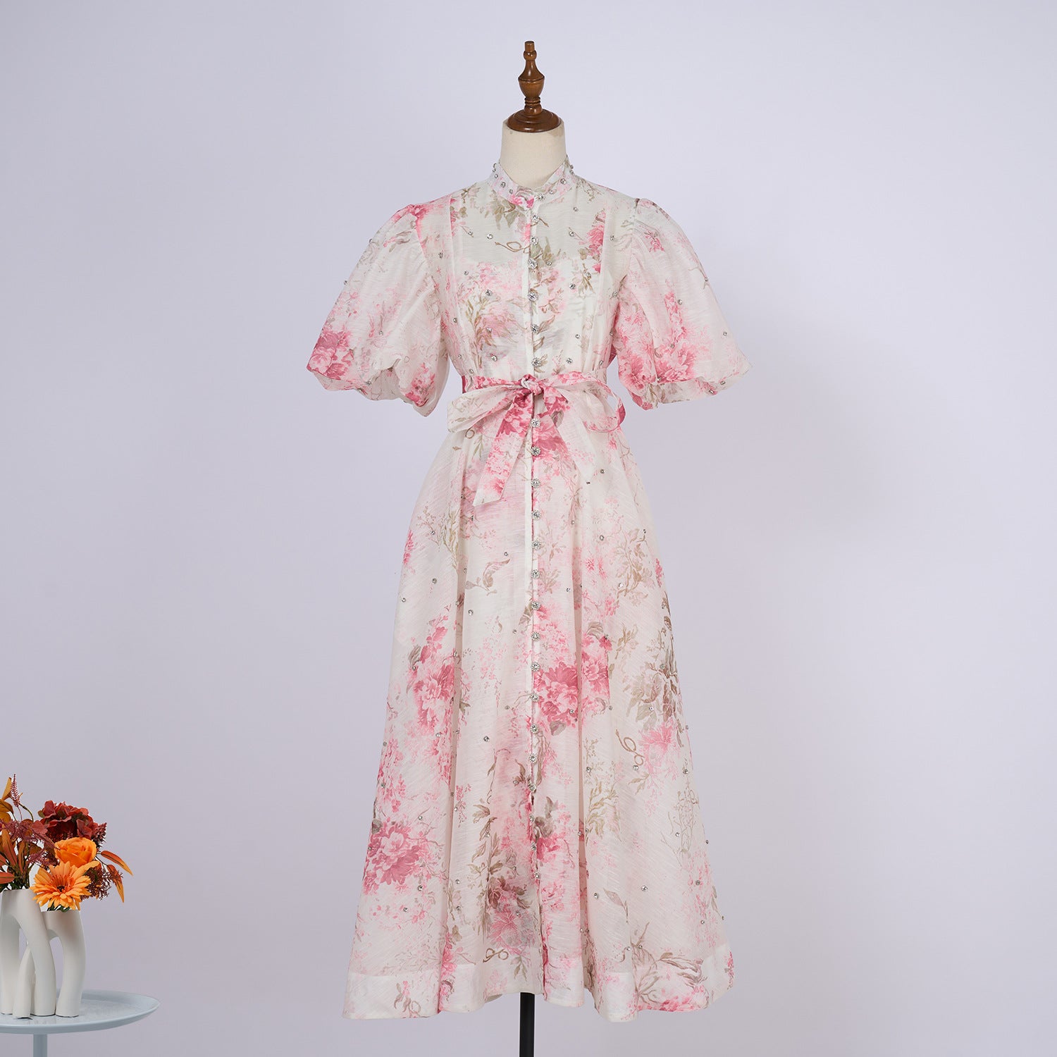 European and American cross-border summer palace style high-end design heavy-duty rhinestone short-sleeved single-breasted dress with suspenders