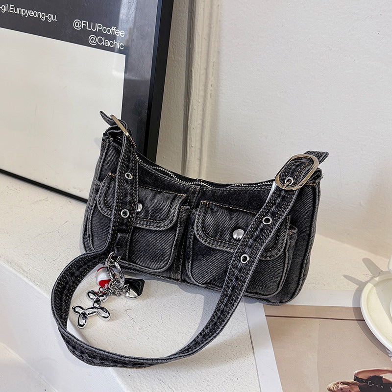 Small bag, shoulder bag, underarm bag, hot girl baguette bag, fashionable and simple commuter bag, 2025 spring new denim bag