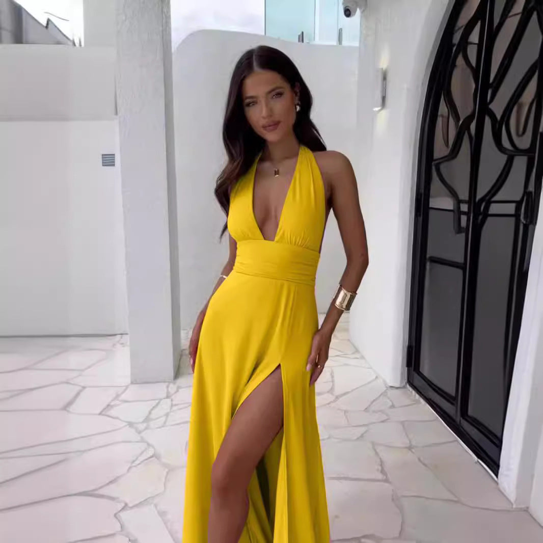 2025 Spring New Style. Stand European and American Women's Temperament Halter V-neck Slit Long Solid Color Dress