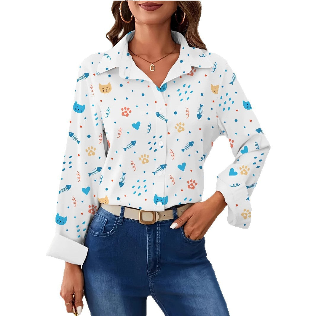 Cat cross-border European and American women's 3D printed floral pattern long-sleeved shirt women's fashion tops