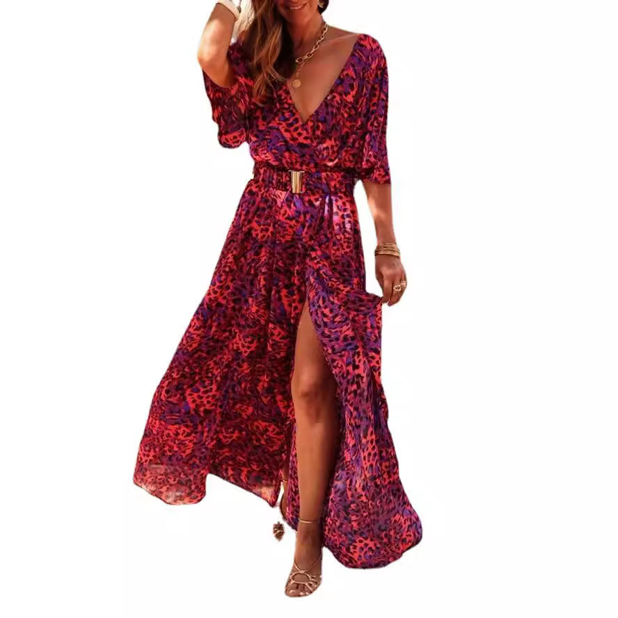2025 spring and summer new European and American cross-border printed short-sleeved dress slim waist commuting mid-length temperament