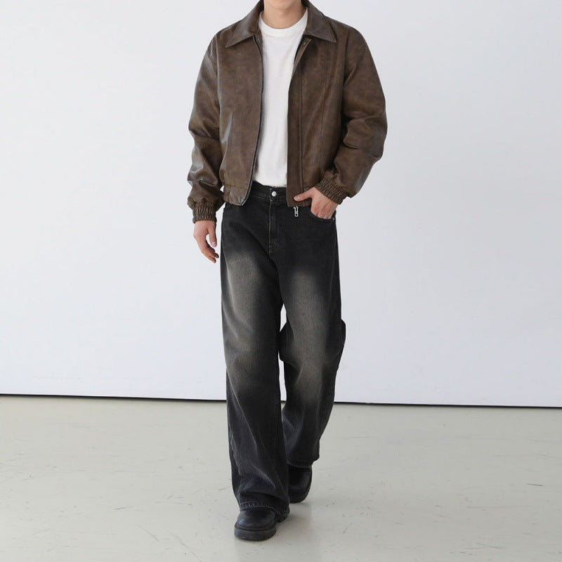 MYQ Retro Gradient Washed Jeans Men's Spring Loose Wide-leg Pants Korean Style Trendy Straight Long Pants