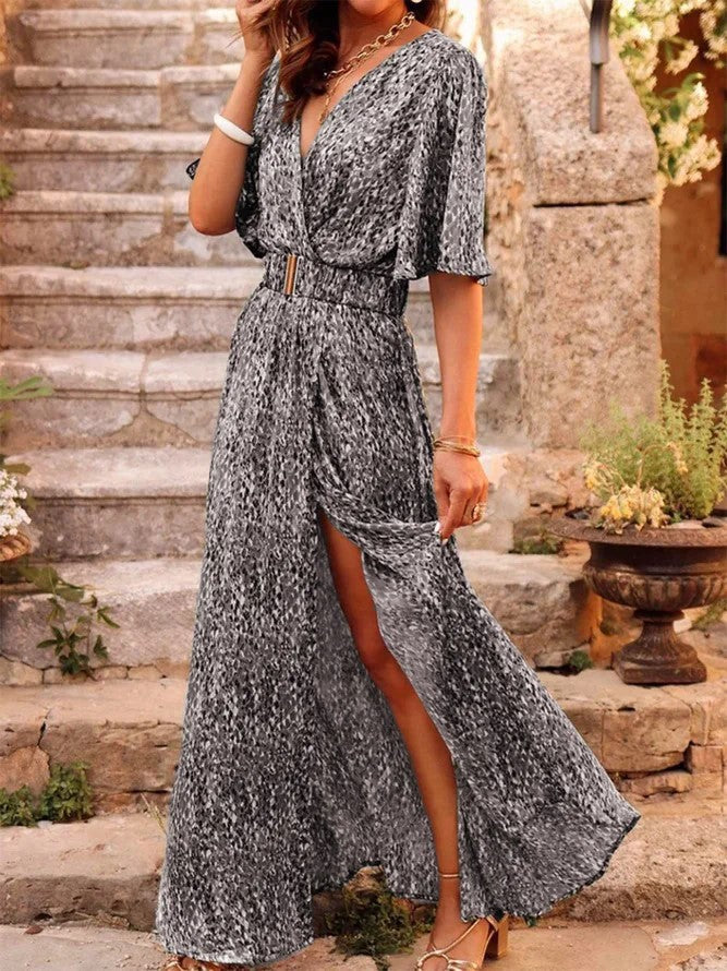 2025 spring and summer new European and American cross-border printed short-sleeved dress slim waist commuting mid-length temperament