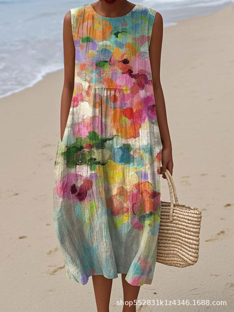 2025 European and American spring and summer new sleeveless casual printed temperament long dress slim small fresh casual dress