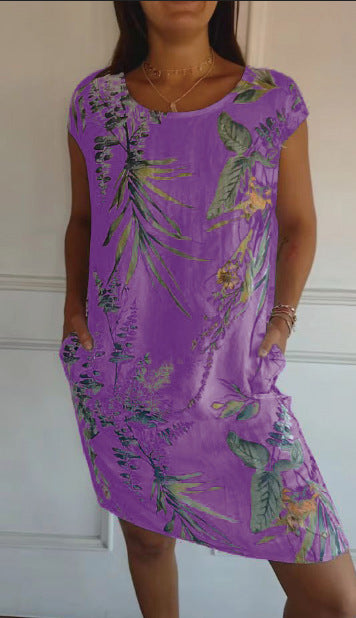 Spot cross-border independent station AliExpress women's round neck loose short-sleeved printed dress women's pocket skirt explosion