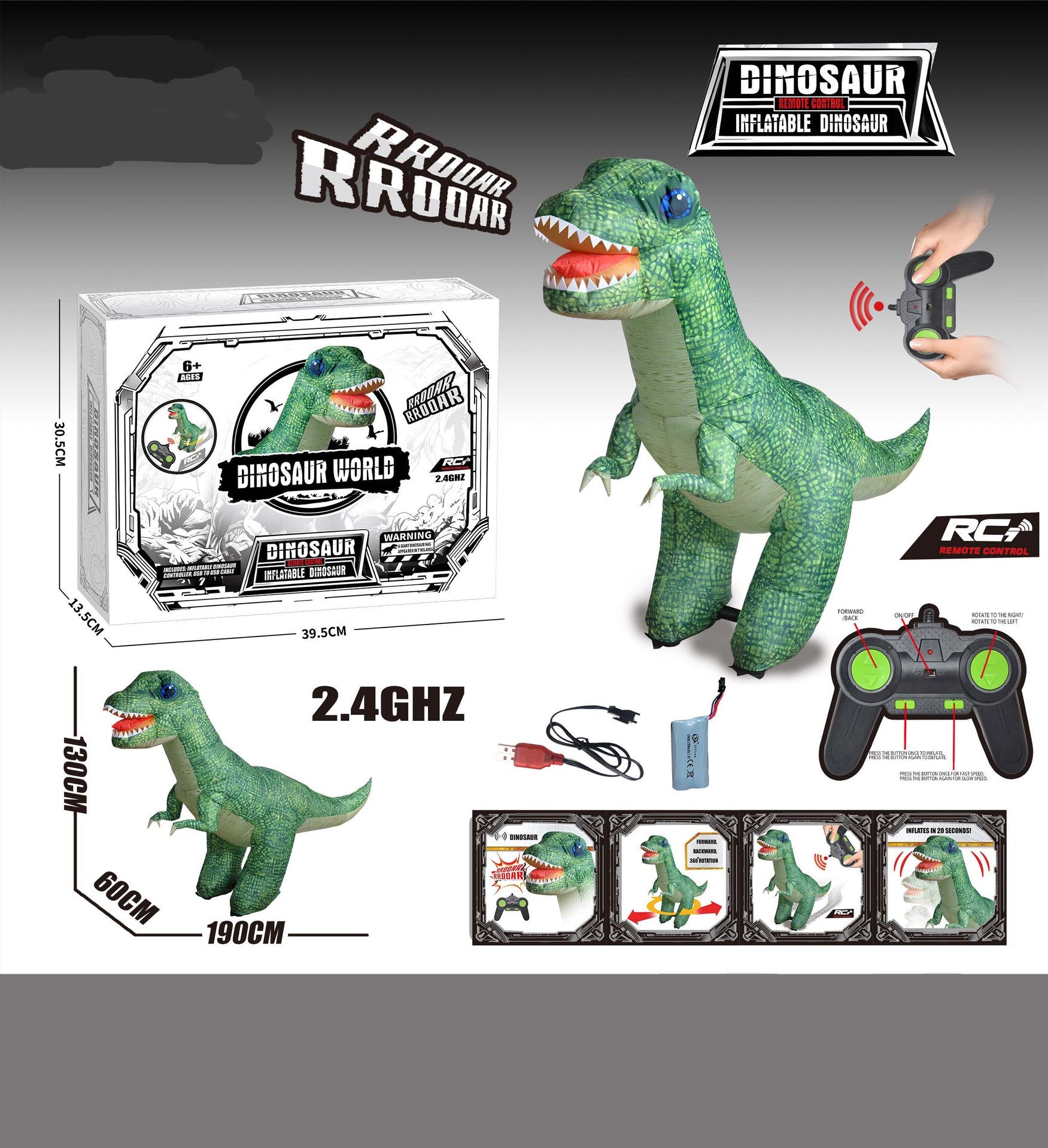 Cross-border large automatic inflatable deflation spoof electric remote control dinosaur 2.4G remote control model children's toy