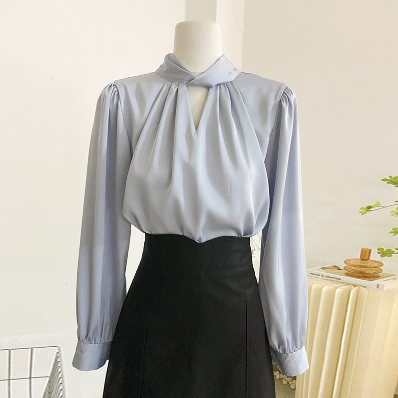 French acetate satin stand-up collar hollow shirt women's spring and autumn fashionable temperament professional commuting long-sleeved top