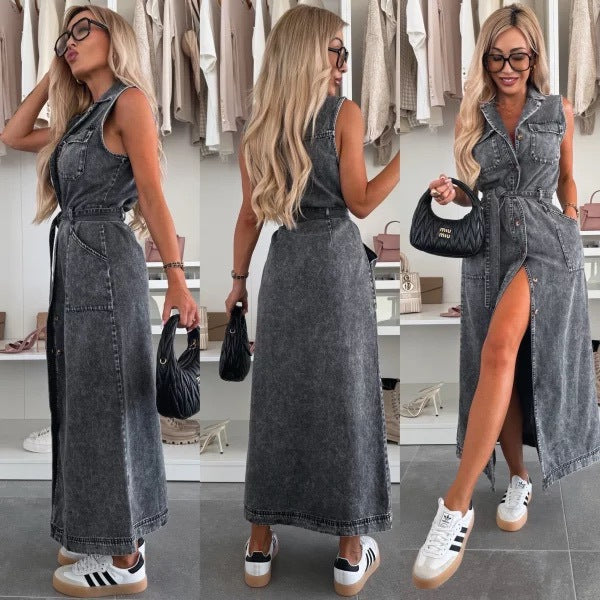 European and American style cross-border new sleeveless long tie waist single-breasted denim dress