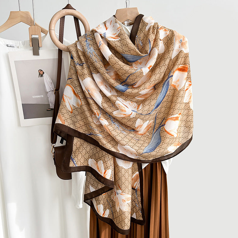 New printed silk scarf, thin gauze scarf, cotton and linen feel scarf for women in autumn and winter, high-end long warm shawl