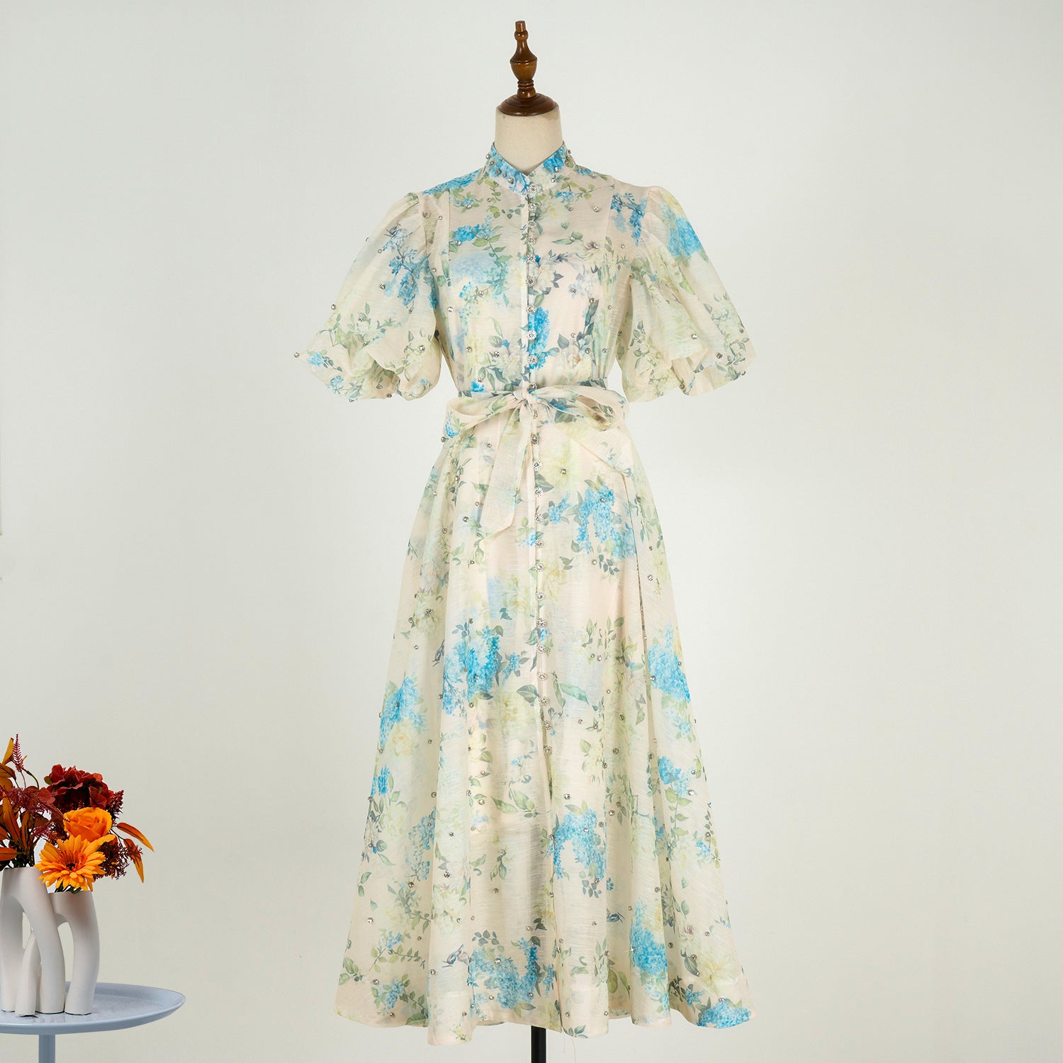 European and American cross-border summer palace style high-end design heavy-duty rhinestone short-sleeved single-breasted dress with suspenders