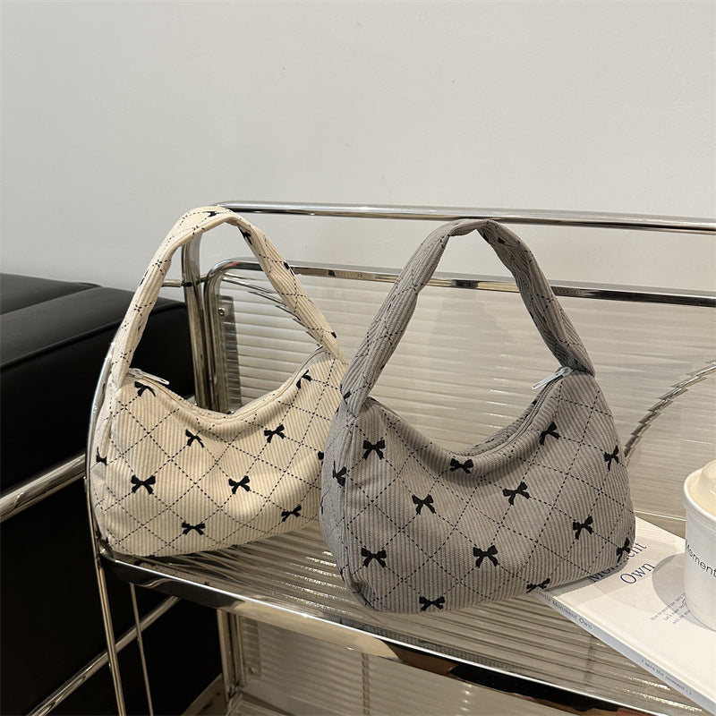 Corduroy fashion handbag cloth bag women's bag new autumn underarm bag bow print simple fashion shoulder bag