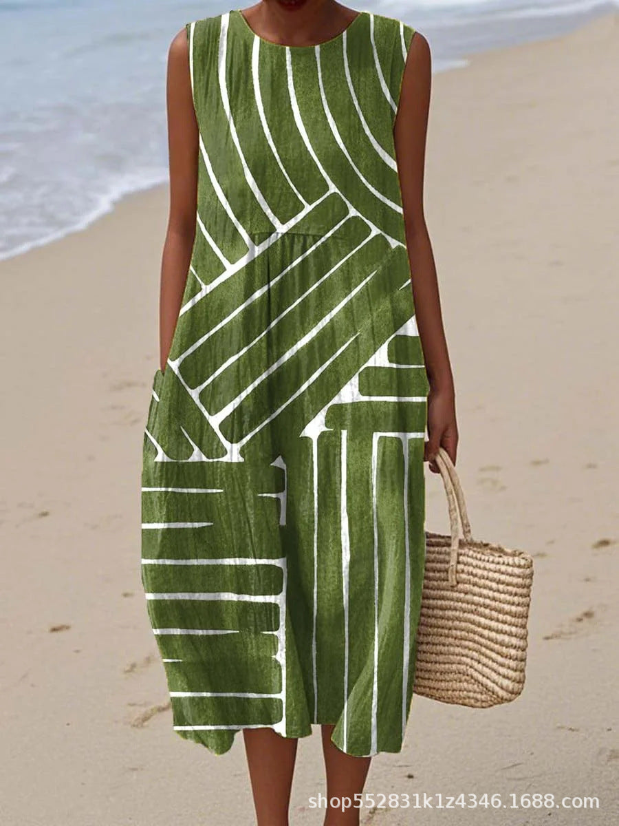 2025 European and American spring and summer new sleeveless casual printed temperament long dress slim small fresh casual dress