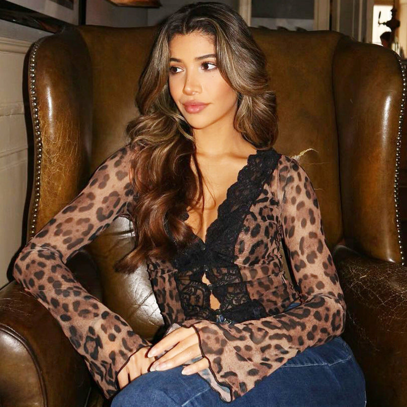 European and American women's clothing summer new fashion printing sexy mesh lace cardigan T-shirt foreign trade wholesale