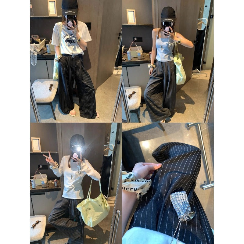 Moqie high-end commuter style Laoqian drape high waist slim casual striped suit wide leg pants MQ0488