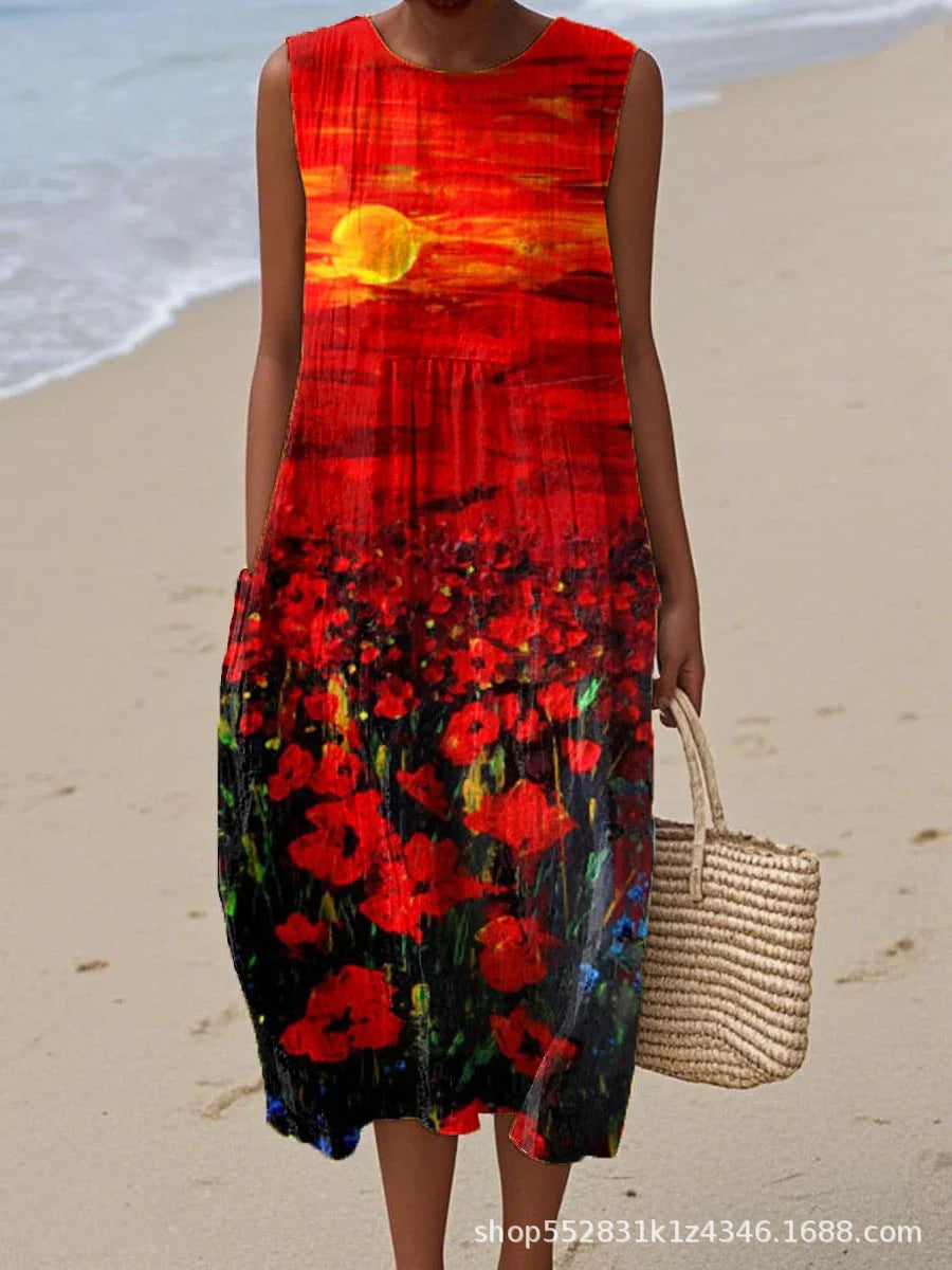 2025 European and American spring and summer new sleeveless casual printed temperament long dress slim small fresh casual dress
