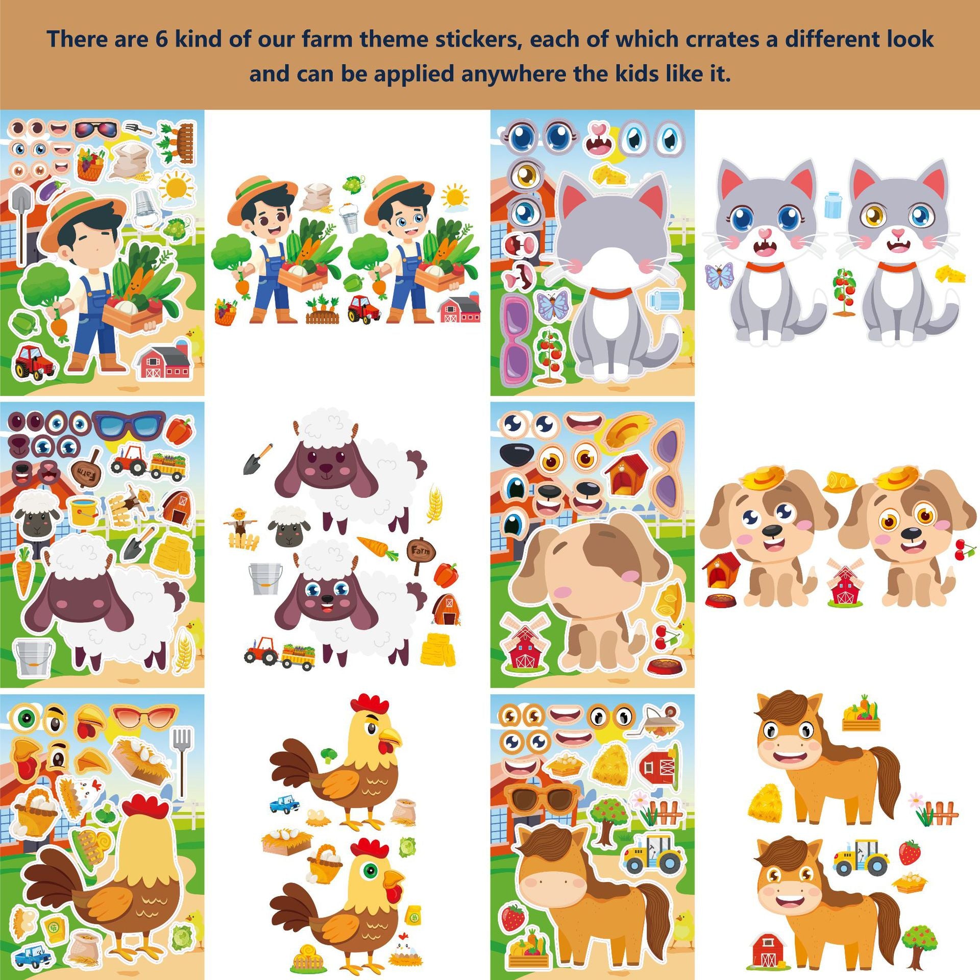 JM2406004 Farm Animals Children's Creative Cartoon Parent-Child Interactive Decorative Face Stickers DIY Stickers