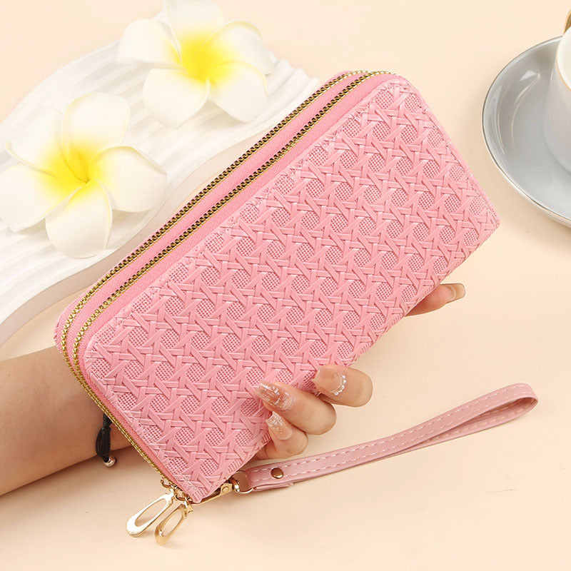Foreign trade-specific wallet for women, long woven pattern double zipper large capacity clutch bag, multifunctional patent leather mobile phone bag for women