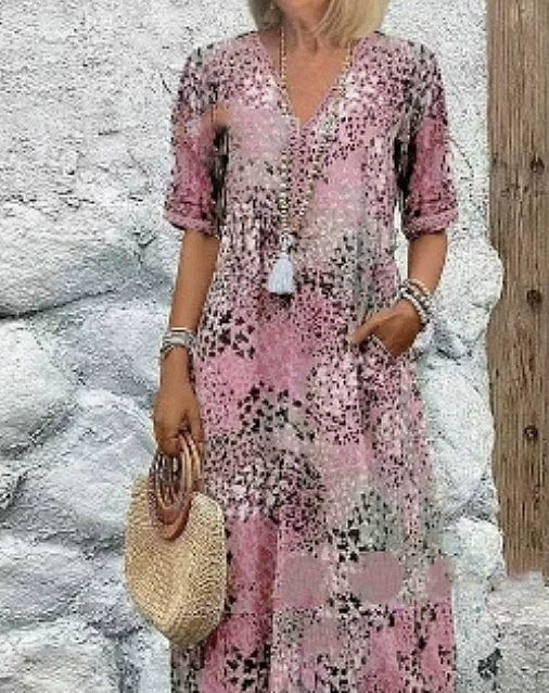 2025 European and American new printed summer V-neck casual vacation pocket dress home clothes foreign trade women