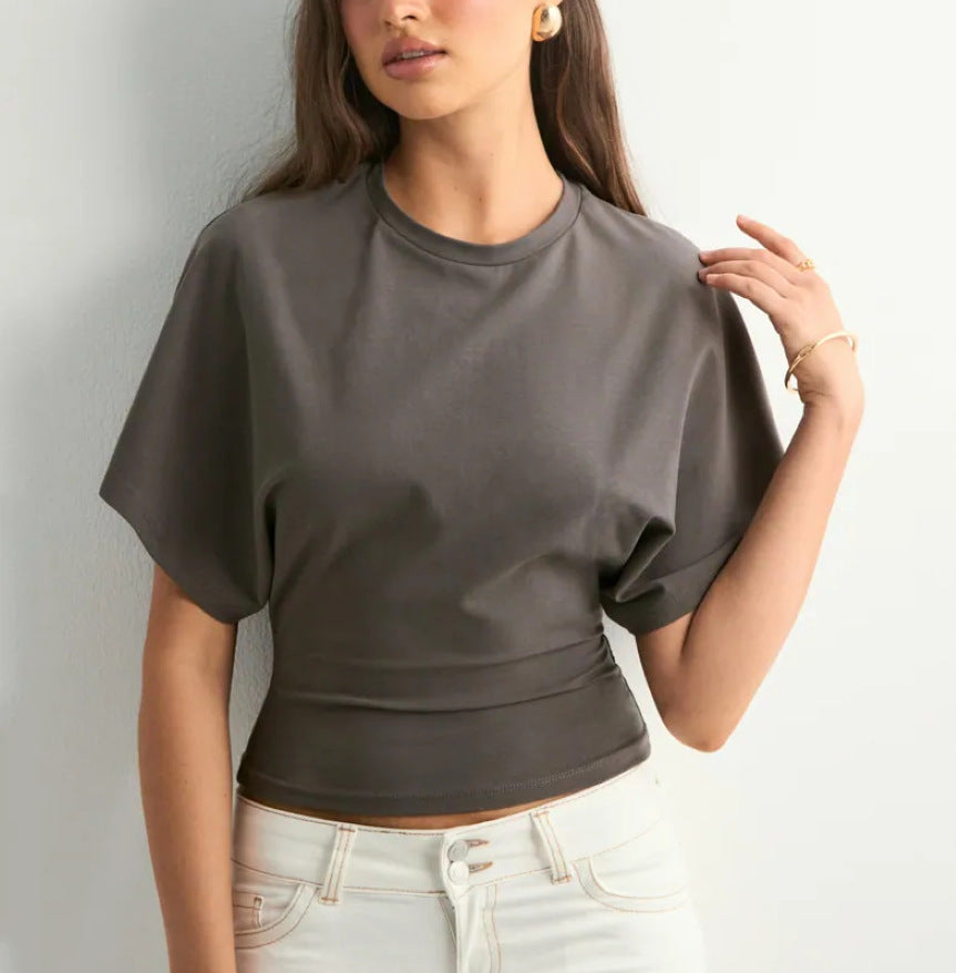 2025 Korean style round neck pullover short-sleeved T-shirt for women summer new simple and versatile solid color loose top