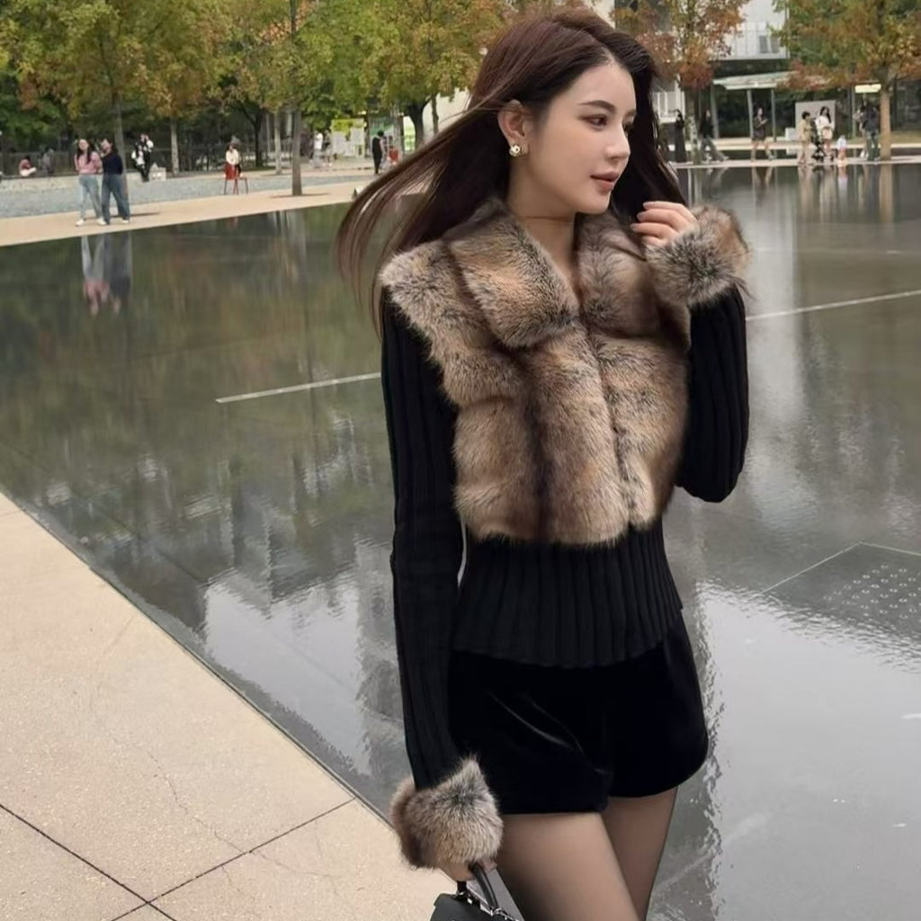 iamgi@Environmentally friendly fur patchwork coat female fake two-piece hot girl lapel zipper warm knit sweater cardigan