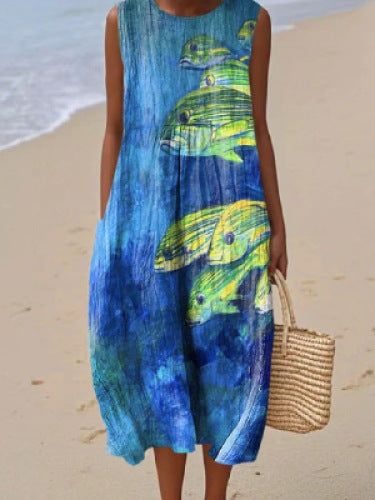 2025 European and American spring and summer new sleeveless casual printed temperament long skirt dress slim small fresh casual skirt