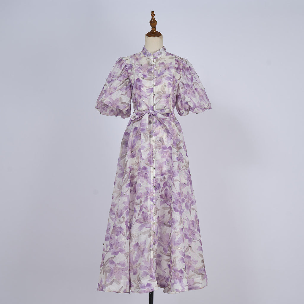 European and American cross-border summer palace style high-end design heavy-duty rhinestone short-sleeved single-breasted dress with suspenders