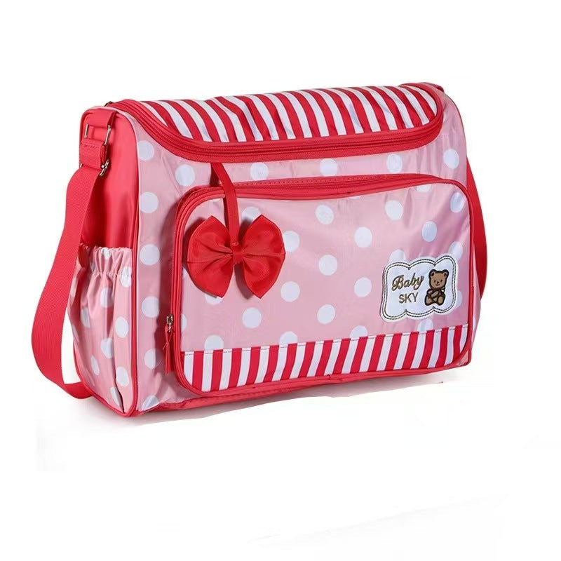 Cross-border printing large polka dot mommy bag four-piece set multifunctional large capacity butterfly festival one-shoulder bear mother and baby bag