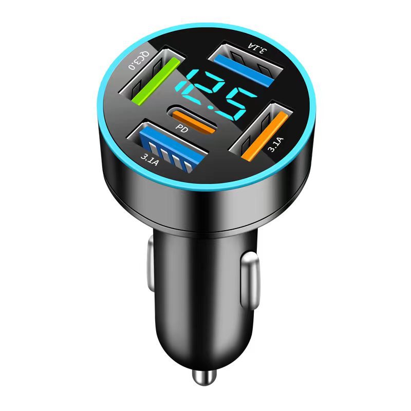 New digital display car charger 4USB 66W fast charging PD mobile phone charger one to four QC3.0 car charger