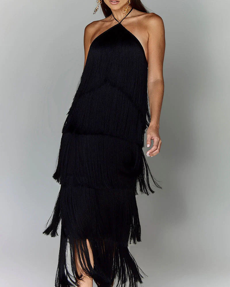 2025 European and American cross-border fashion halter neck tassel backless slit dress
