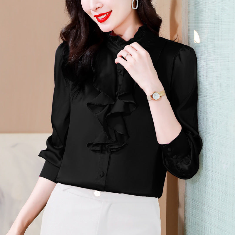 Green 1803 intellectual and generous temperament imitation silk shirt female long sleeve solid color lace collar palace style mulberry silk shirt