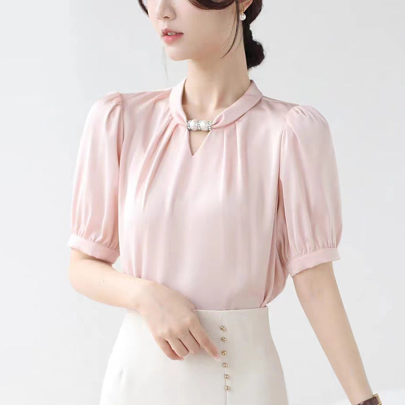 French niche halter neck stand collar beaded shirt female 2025 spring new style pullover satin temperament commuter professional top