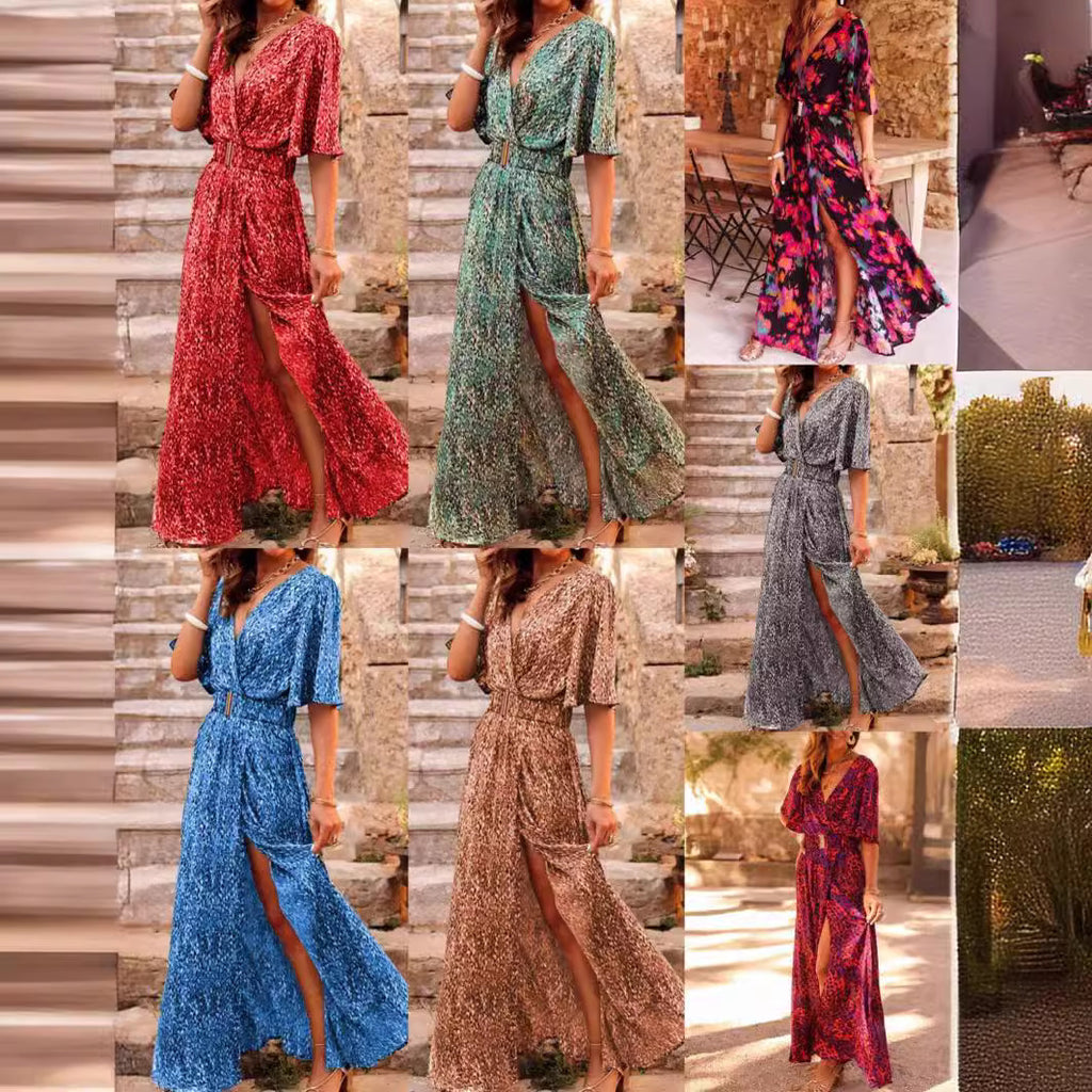 2025 spring and summer new European and American cross-border printed short-sleeved dress slim waist commuting mid-length temperament