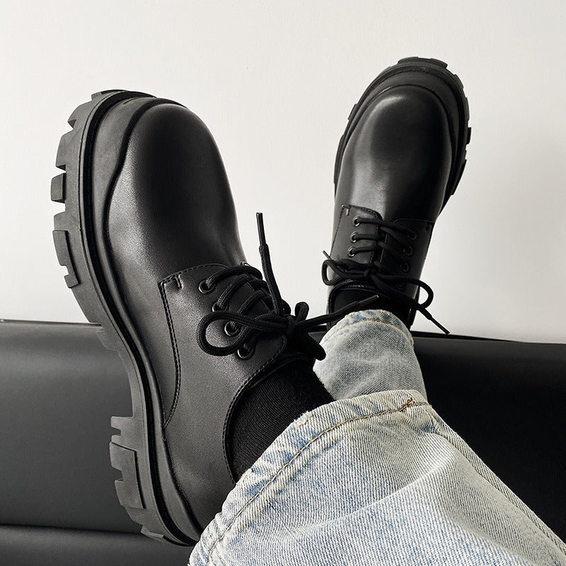 Men's Casual Thick-soled All-match Black Leather Shoes Work Shoes Height-increasing Derby Shoes Couple Shoes