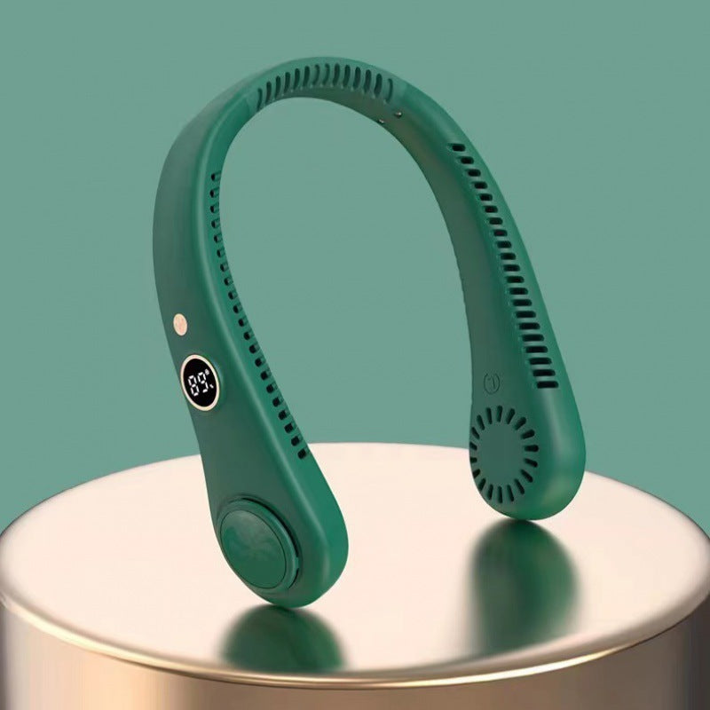 Cross-border new leafless neck hanging fan USB charging portable lazy number display sports folding mini electric fan